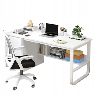 A white computer desk with a chair and various items on it, set against a white background.