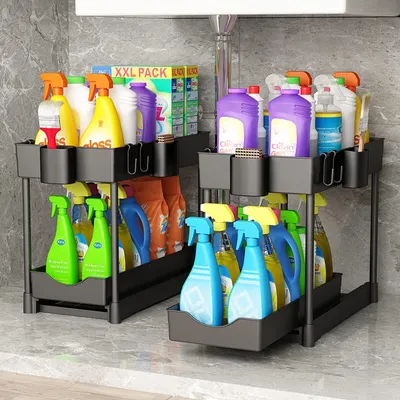 Obrázek produktu pro dvoupatrový organizér pod umyvadlo, víceúčelový posuvný koš do skříňky, se 4 háčky do kuchyně a koupelny, koše na vrchní sběr, police (černá, 2 ks)