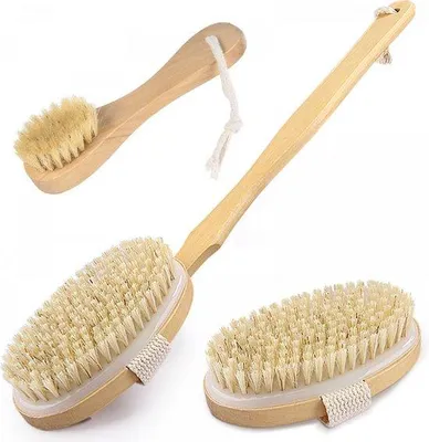 Image de Kit de brosses pour le corps avec long manche, brosse naturelle, exfoliante, anti-cellulite
