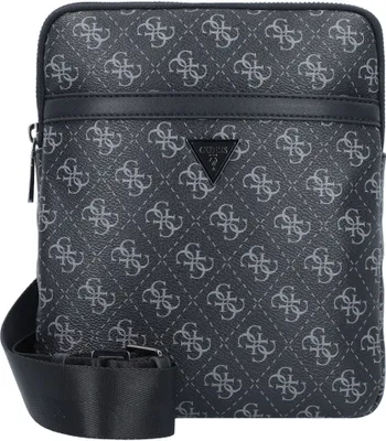 A flat lay image of a black crossbody bag with a repeating Guess logo pattern.