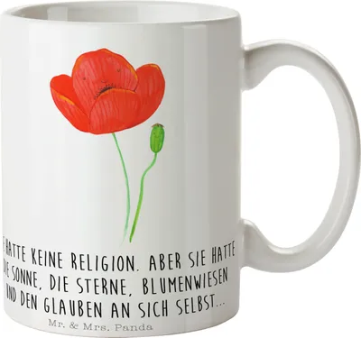 Produktbild von Mr. & Mrs. Panda Kaffeebecher Blume Mohnblume - Weiß - Geschenk, Respekt, Teetasse, Tasse, Selbstliebe, Mohn, Blumen Deko, Becher, Kaffeetasse, Glaube, bedruckt, Religion