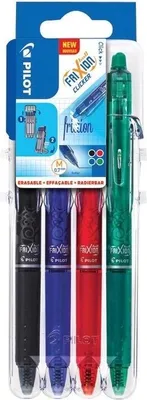 A retail package containing four Pilot FriXion Ball Clicker pens in black, blue, red, and green.
