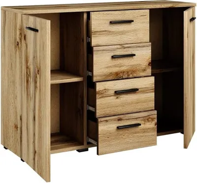 Produktbild von MATKAM Kommode Helena B120 x H84,5 x T35 cm, Sideboard mit 4 Schubladen und 2 Fächer mit Türen, ideal für Büro, Diele, Wohnzimmer (Wotan Eiche)