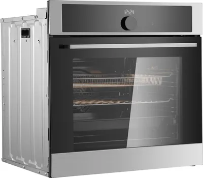 A side view of a stainless steel built-in oven.