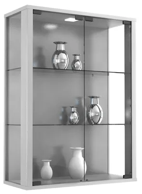 A white display cabinet with glass doors and shelves, containing decorative vases.