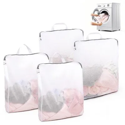 Imagen del producto de Uniqoos® - Juego de 4 bolsas de lavado reutilizables de nylon, de 50 x 60 cm, con asa, disponibles en 2 modelos para ropa delicada, sujetadores y medias