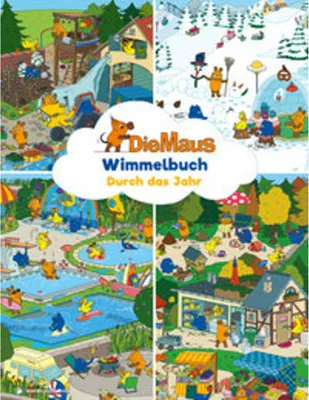 A collage of four scenes depicting different seasons and activities, featuring cartoon characters.