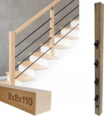 Immagine prodotto di Legno squadrato - palo in legno - per ringhiere - 8 x 8 x 110 cm - legno di quercia - kit di montaggio completo - montaggio di tubi ⌀ 25 mm ad angolo di 32°
