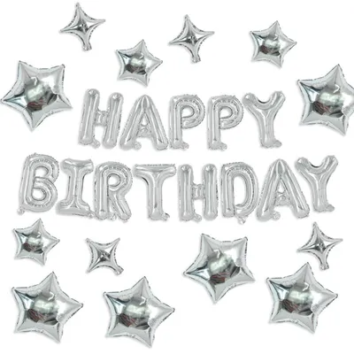 Produktbild von Buchstabenballons Happy Birthday 40,6 cm Silber 35 Stück Set mit Sternballons