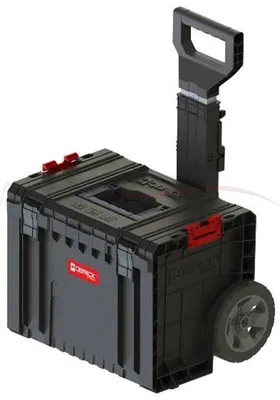 A black and gray tool case with red accents and a retractable handle and wheels, set against a white background.