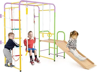 Imagen del producto de Estructura de escalada interior, 8 en 1: pared de escalada, barras de monos, escalera, cuerda, aro de gimnasia, columpio, tobogán y escalador. Parque infantil de metal para niños a partir de 3 años
