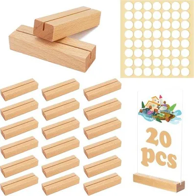 Productafbeelding van Famanu houten kaart houders, 20 stuks, tafelkaart houders met dubbelzijdige lijm, menukaarthouders, ansichtkaarthouders (10 x 3 x 2 cm)