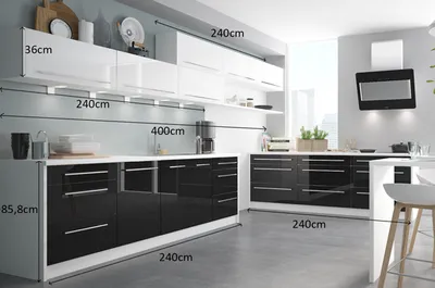 Produktbild von Feldmann-Wohnen Küchenzeile, weiß & schwarz Hochglanz, 480 cm, 13-teilig, modern, mit Soft-Close, stoß-, kratz- & abriebfester Arbeitsplatte, aus MDF HPL, Neu, 82 cm, 50 cm
