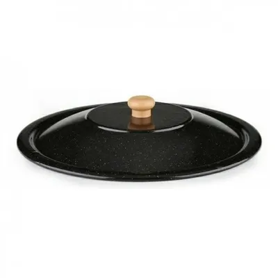 A black speckled lid with a wooden handle on a white background.