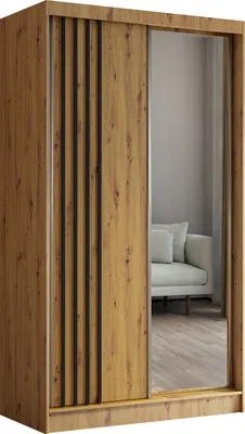 Produktbild von 120 cm Kleiderschrank Neli mit Lamellen und Spiegel inklusive 2 Schiebetüren Schwebetürenschrank (Farbe: Artisan, Artisan, Lamelle schwarz)
