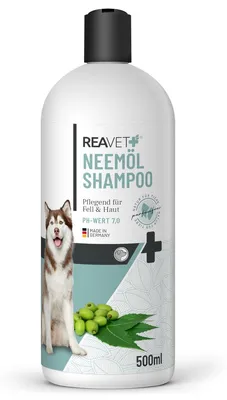 Produktbild von REAVET Neemöl Shampoo für Hunde 500ml - Hundeshampoo gegen Juckreiz, Milben, Flöhe, Zecken, Hautfreundlich, Pflegend & leicht kämmbar, Fellpflege & Fellglanz, Angenehm im Geruch