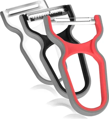 Produktbild von com-four® 3-teiliges gemischtes Schäler-Set für Obst und Gemüse - Rostfrei, Universalschäler besonders scharf, ergonomisch und mit rutschfester Gummilippe - Sparschäler mit Pendelklinge