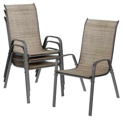 Productafbeelding van Stapelbare tuinstoelen met hoge rugleuning, set van 4 in linnenbeige kleur, met armleuningen en bekleed met Textilene, draagvermogen 150 kg