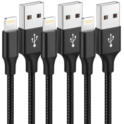 A group of black USB-A to Lightning charging cables arranged in a row against a white background.