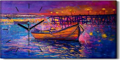 Produktbild von Leinwand Uhr Küche Wohnzimmer Bild 60x30 Kunst Boote Wasser Nacht Brücke Himmel - schwarze Hände