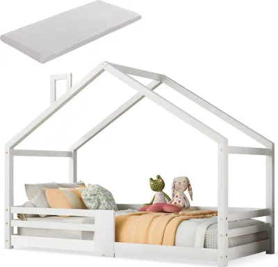 Produktbild von Hausbett mit Lattenrost, Kaltschaummatratze und Rausfallschutz, 90x200cm, Kinderbett, Einzelbett, Kiefer