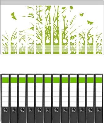Produktbild von Wallario 12 Stück schmale Ordner inkl. Klebeetiketten mit Motive Grüne Sommerwiese -  Set mit Rückenschildern / Ordnerrücken Stickern
