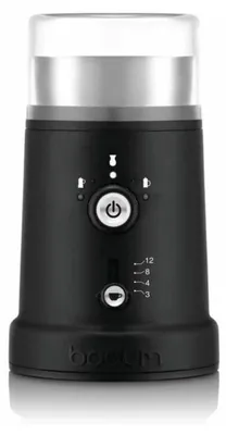A studio shot of a black coffee grinder.