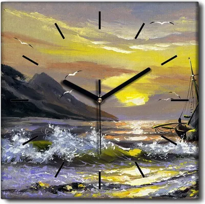 Produktbild von Coloray Uhr auf Leinwand 30x30 cm Wand Uhr Dekoration Wohnzimmer Segeltuch schwarze Hände -Meeresschiff Landschaft.