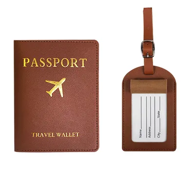 Image de INF Ensemble Porte-Passeport et Étiquette de Bagage Noirs en CuirPolyuréthane(2 pièces) Marron