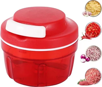 A red manual food chopper is shown with inset images of chopped ingredients like garlic, chili peppers, and onions, as well as raw meat.
