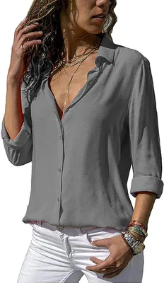 Produktbild von ASKSA Damen Bluse Chiffon Elegant Langarm Oberteile Einfarbig V-Ausschnitt Lose Hemdbluse, Grau, L