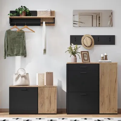 Obrázek produktu pro Skříň na boty a vestavěná skříň s zrcadlem – 2 skříně na boty a panel skříně – šířka 96 cm – dřevo – vhodná do předsíně a ložnice