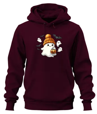 Productafbeelding van Leuke Halloween-geest met muts, pompoenlamp, kawaii, schattige, uni hoodie, sweater, bordeauxrood, 3XL