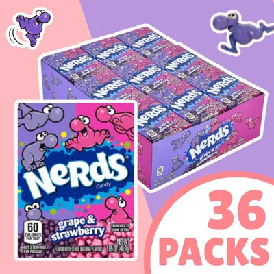 Produktbild von 36x Nerds Grape & Strawberry – 36×46,7 g (1 Karton) – Knusprige Trauben- & Erdbeerzuckerdragees + Heartforcards Versandschutz