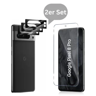 Produktbild von CLM-Tech 2er Set Schutzfolie kompatibel mit Google Pixel 8 Pro - 1X Panzerfolie + 1X Kameraschutz Kameraglas Panzerglas - Unterstützt Fingerabdruck-ID - 9H Glas Displayfolie Schutzglas Folie kristallklar