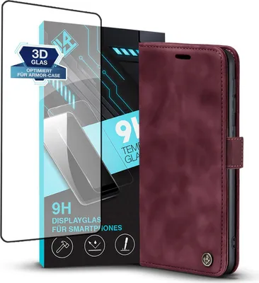 Produktbild von Handy Hülle für Samsung Galaxy S21 Ultra 5G mit 9H Displayglas Klapphülle Bookcase Flip Cover Handy Tasche Etui Farbe: Weinrot