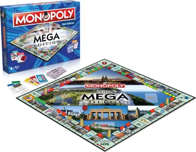 A Monopoly Mega Edition board game and its box are displayed on a white background.