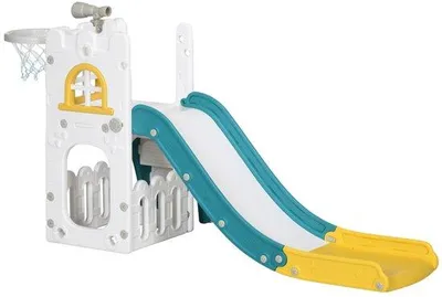 Zdjęcie produktu dla Zjeżdżalnia dla małych dzieci 4 w 1 z koszem do koszykówki, teleskopową drabinką, kolor żółty, 70 x 177 x 92 cm