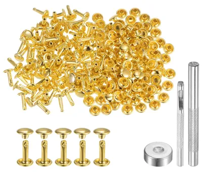 Image de Trivets en métal - Rivets à double tête rondes, avec outil de montage - Pour travaux manuels et de bricolage, adaptés aux vêtements et aux ceintures - 100 pièces, 10 x 7 mm, couleur or