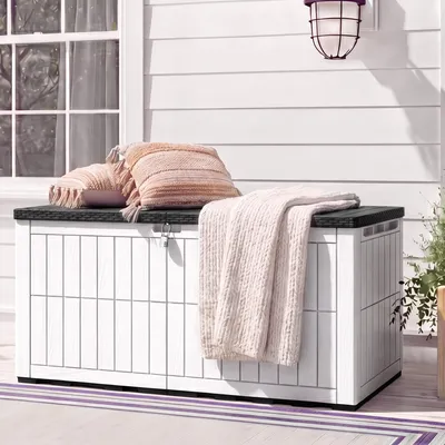 Produktbild von Gartenbox Auflagenbox, 833 L Aufbewahrungsbox mit Gasdruckfeder Deckel, Kissenbox Wetterfest, Weiß+Schwarz