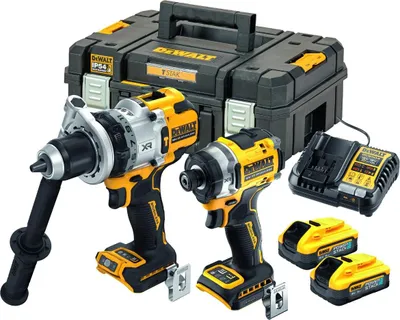A set of DeWalt power tools and accessories arranged on a white background.
