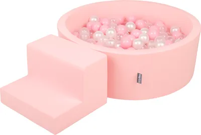 Produktbild von KiddyMoon spielplatz aus schaumstoff mit rund bällebad (100 bälle) ballgruben für babys spielbad hindernisläufen, hergestellt in der eu, pink:puderrosa/perle/transparent