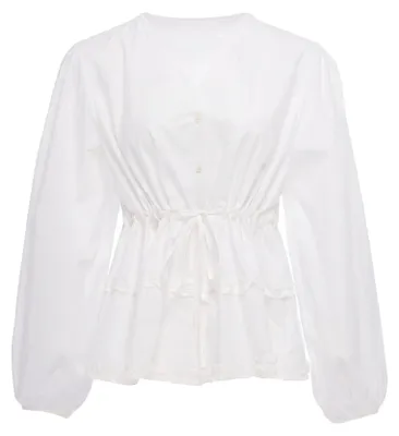 Produktbild von Damen Bluse weiß M mit voluminösen Bischofsärmeln und Rüschensaum