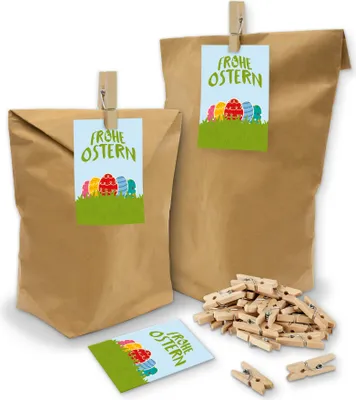 Produktbild von itenga SET Geschenktüten Frohe Ostern Ostereier bunt 24x Tüten +Klammern+ Kärtchen
