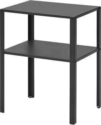 A black two-tier shelf unit against a white background.