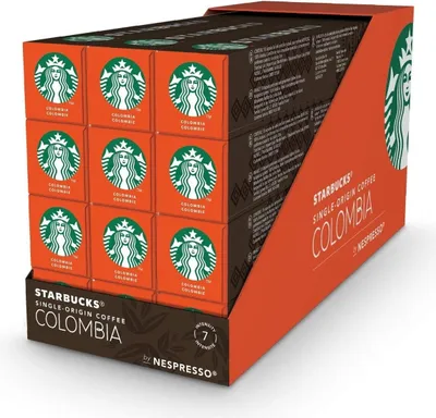 A display box of Starbucks Single-Origin Colombia coffee capsules for Nespresso.