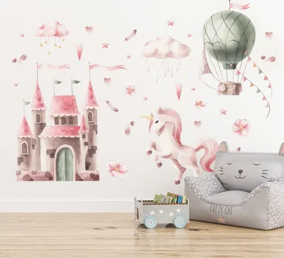 Produktbild von Muralo Wandtattoo für Mädchen Ballon Schloss Sterne Wolken Einhorn Aufkleber 120x60cm