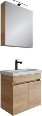 Produktbild von Planetmöbel Badmöbel-Set mit Keramikwaschbecken 63 cm, Spiegelschrank 60 cm mit LED-Leuchte (Chrom) & Steckdose Gold Eiche