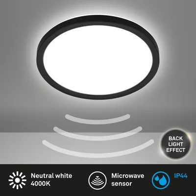 Image de BRILONER SLIM Plafonnier LED avec détecteur de mouvement ultraplat rond IP44 Ø240mm 16W 1900lm 4000K lumière blanc neutre Noir lampe plafond salle de bain couloir garage
