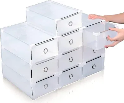 Produktbild von 10 x Schuhkartons, Schuhaufbewahrung, Stapelboxen, Schuhregale mit Deckel, Kunststoff transparent
